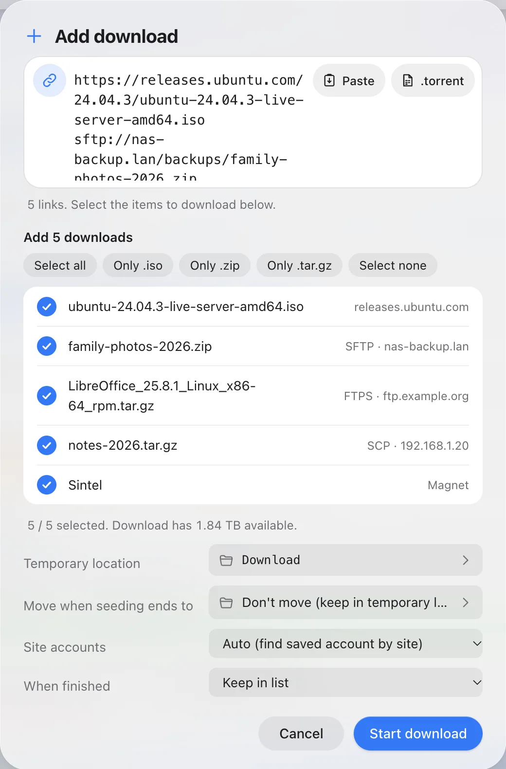 The Add download window with five links pasted at once: an HTTPS link to an Ubuntu ISO, a zip file over SFTP, an archive over FTPS, a file over SCP and a magnet link, each with a checkbox, plus the temporary location and when-finished options.