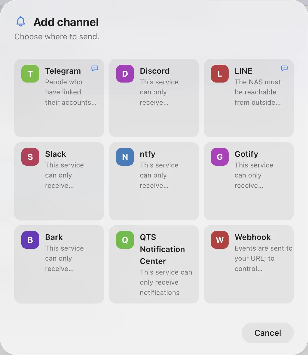The Add channel window listing Telegram, Discord, LINE, Slack, ntfy, Gotify, Bark, QTS Notification Center and Webhook.
