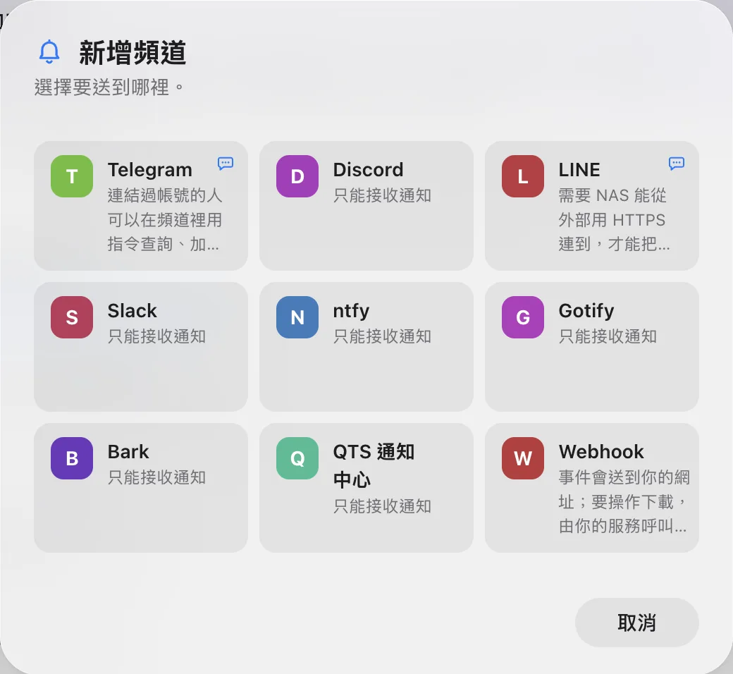 新增頻道視窗,列出 Telegram、Discord、LINE、Slack、ntfy、Gotify、Bark、QTS 通知中心與 Webhook。