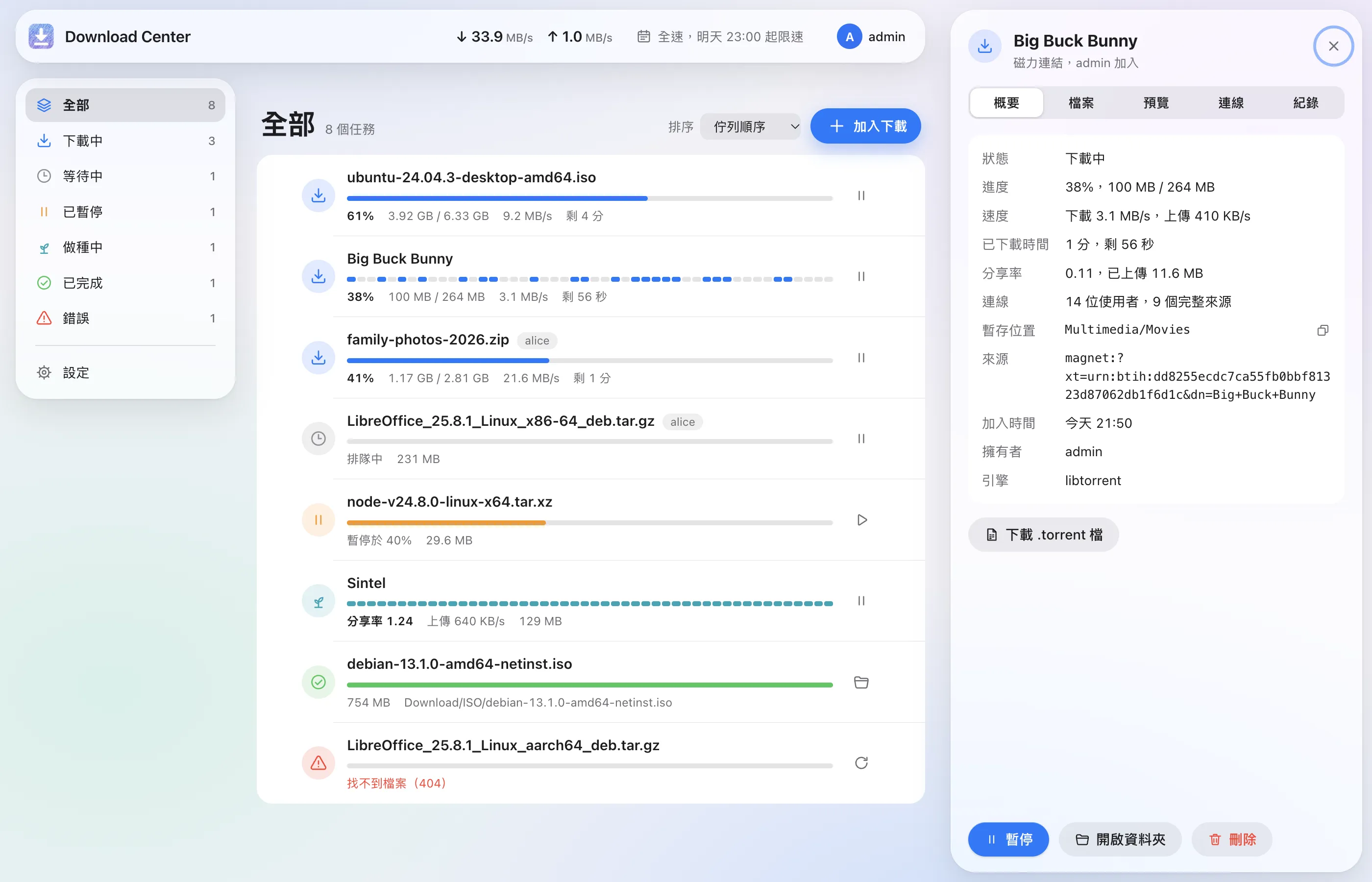 任務清單旁的 Big Buck Bunny 詳細面板,顯示狀態、進度、速度、分享率、連線、存放位置、磁力來源與引擎。