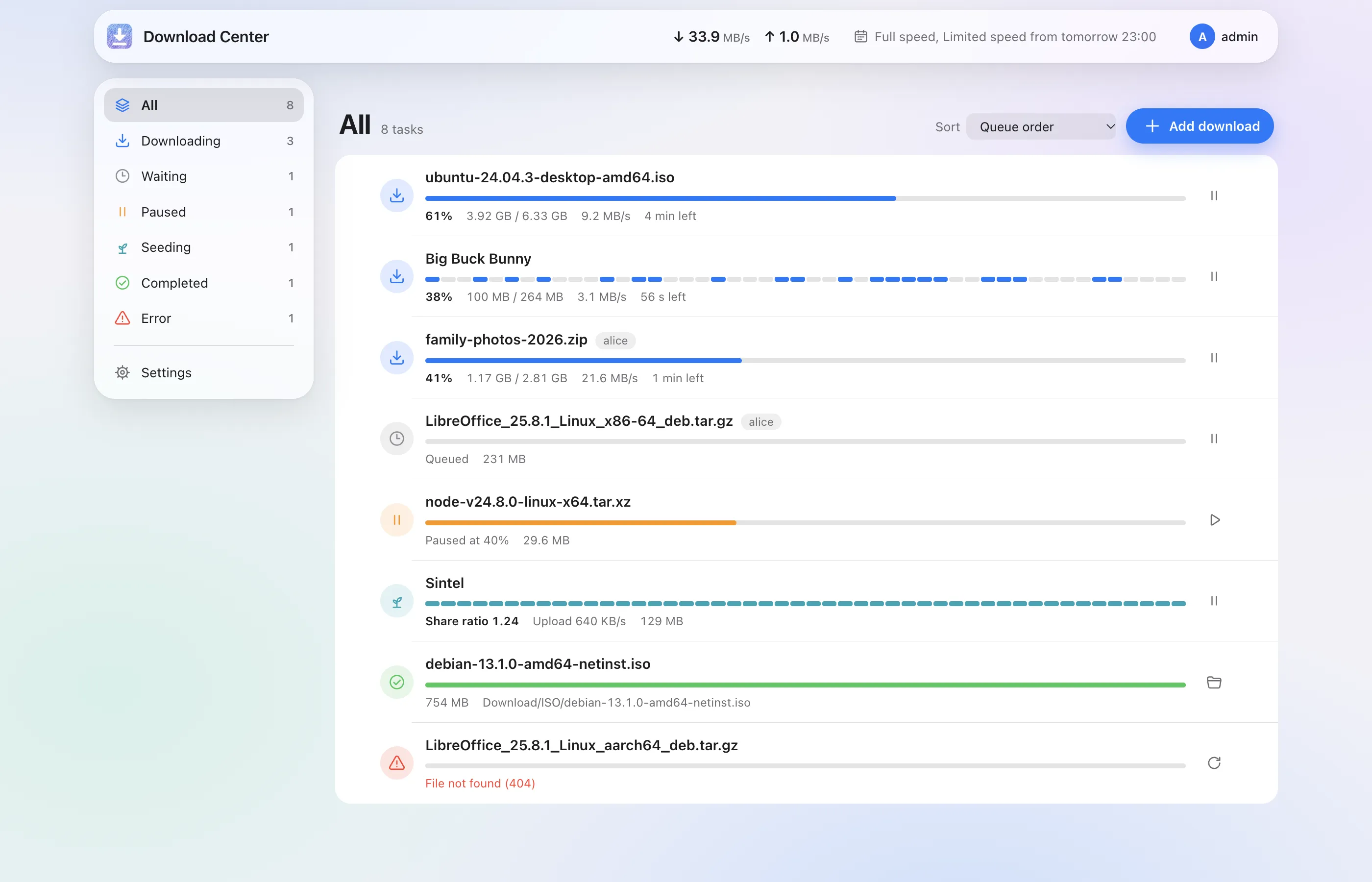 The Download Center task list with eight downloads: an Ubuntu ISO at 61 percent, Big Buck Bunny from a magnet link, a zip file over SFTP, a queued LibreOffice archive, a paused Node.js archive, Sintel seeding, a finished Debian ISO and one failed link.