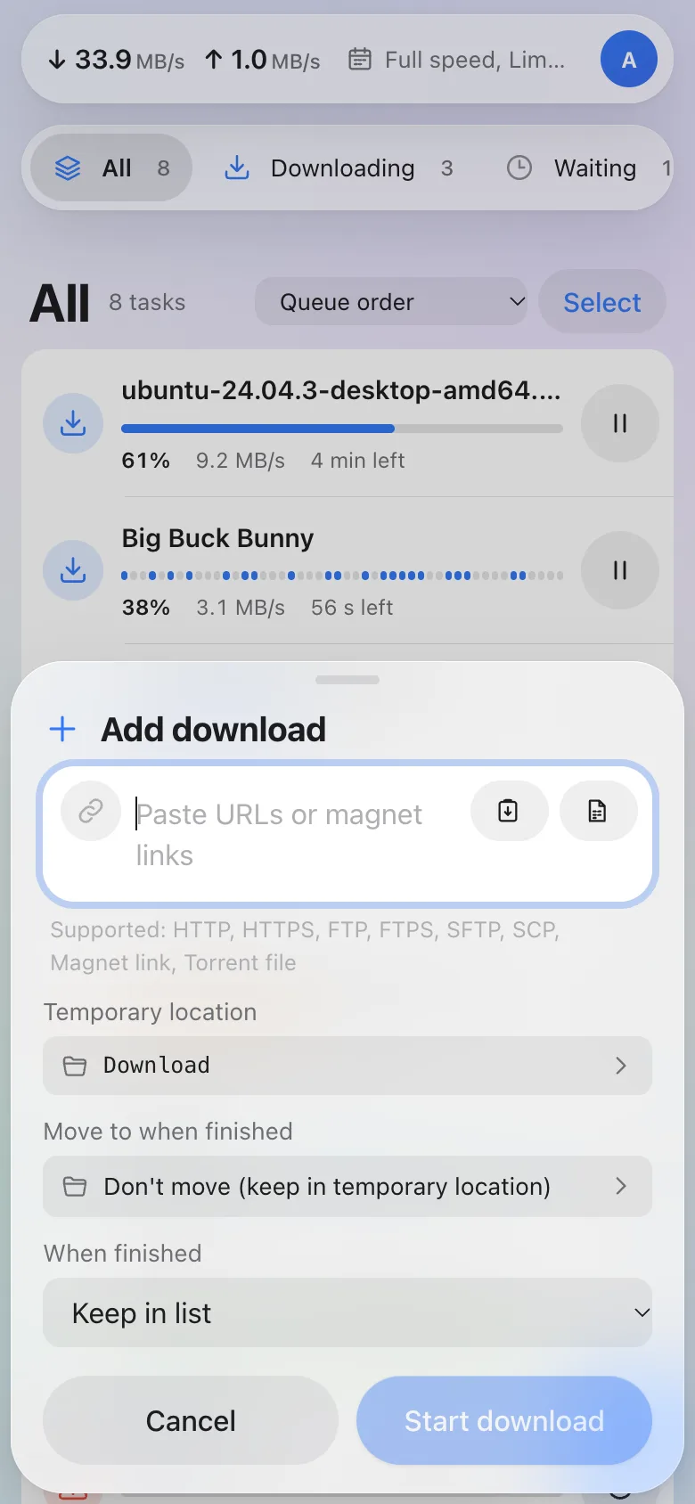 The Add download sheet on a phone, listing the supported link types: HTTP, HTTPS, FTP, FTPS, SFTP, SCP, magnet links and torrent files.