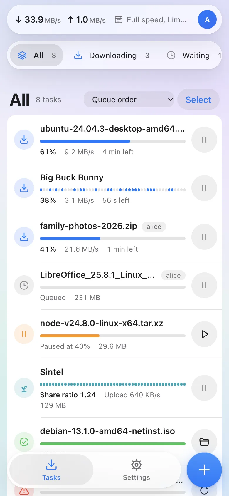 The task list on a phone, with filters at the top and a tab bar and add button at the bottom.