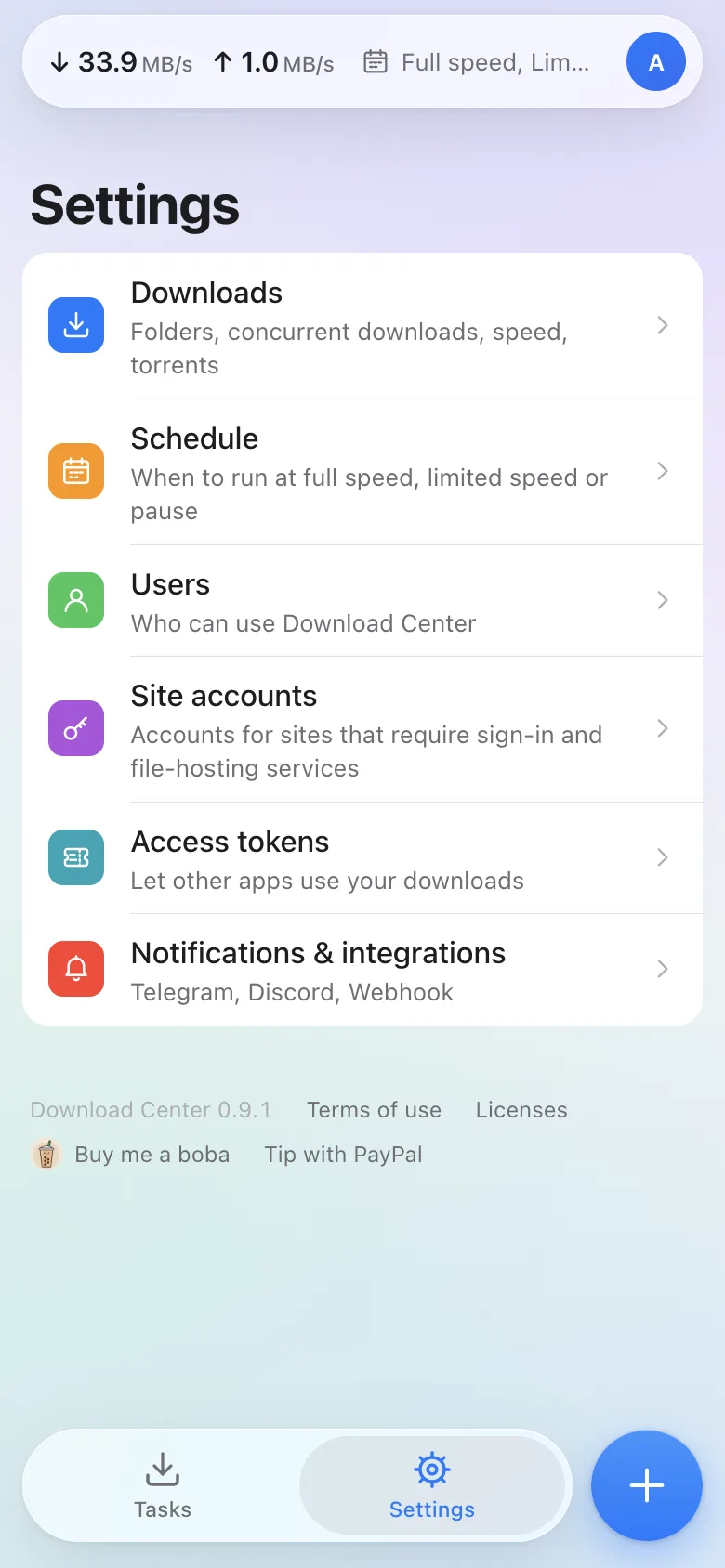The settings list on a phone: downloads, schedule, users, site accounts, access tokens, notifications and integrations.