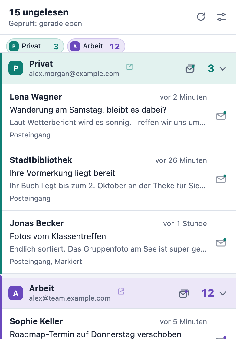 Das Pigeon-Post-Fenster mit ungelesenen E-Mails aus zwei Postfächern, Privat und Arbeit.