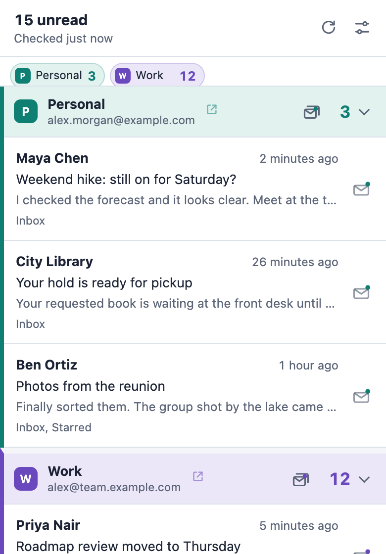 The Pigeon Post popup listing unread mail from two mailboxes, Personal and Work.
