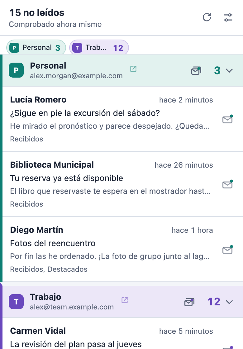 La ventana de Pigeon Post con el correo sin leer de dos buzones, Personal y Trabajo.