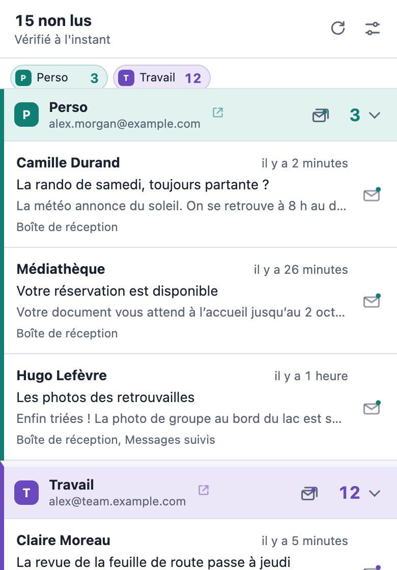 La fenêtre de Pigeon Post avec les messages non lus de deux boîtes, Perso et Travail.